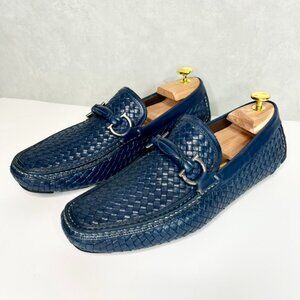Salvatore Ferragamo Men's 7.5 Driver Gancini Ornament Woven Leather Shoes Blue